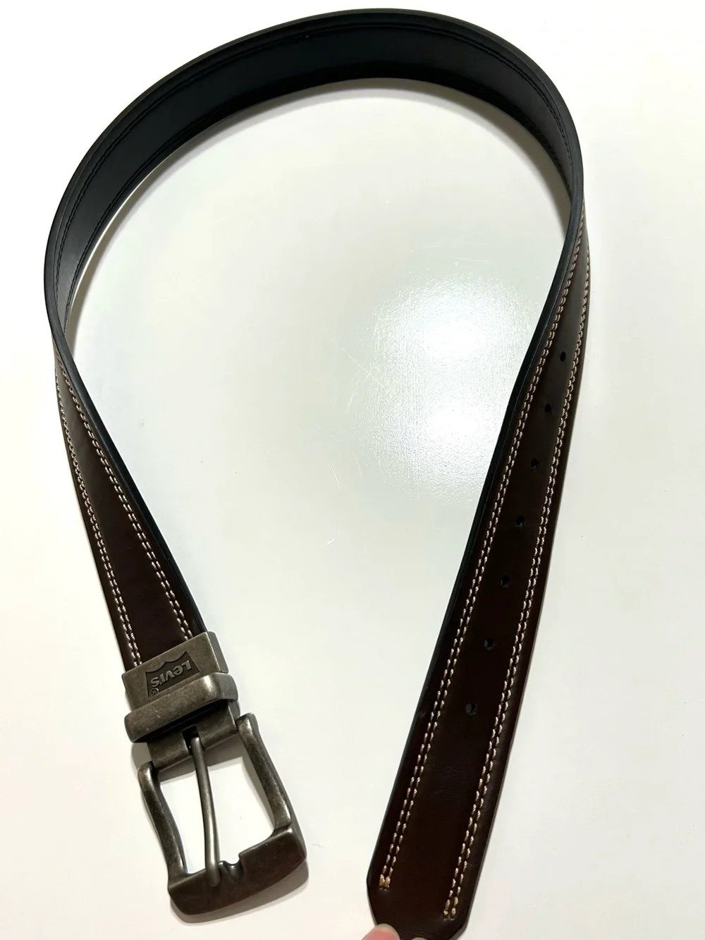 Levi's Men’s Dark Brown Leather Belt with Brushed Silver Buckle